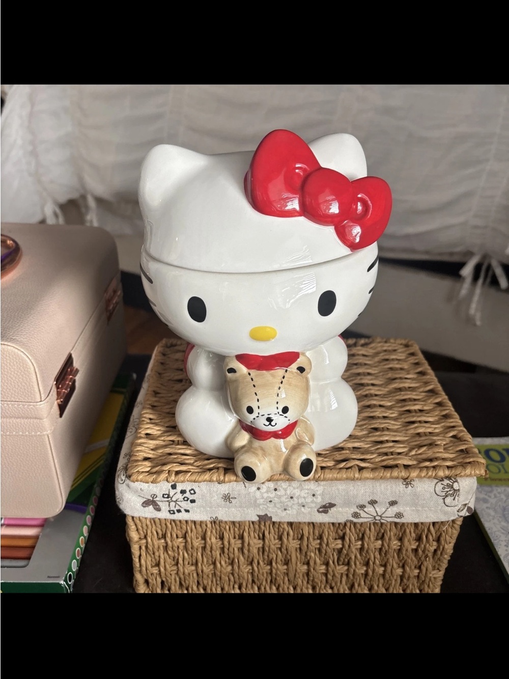 White Ceramic Cat Accent Jar with Red Bow and Teddy